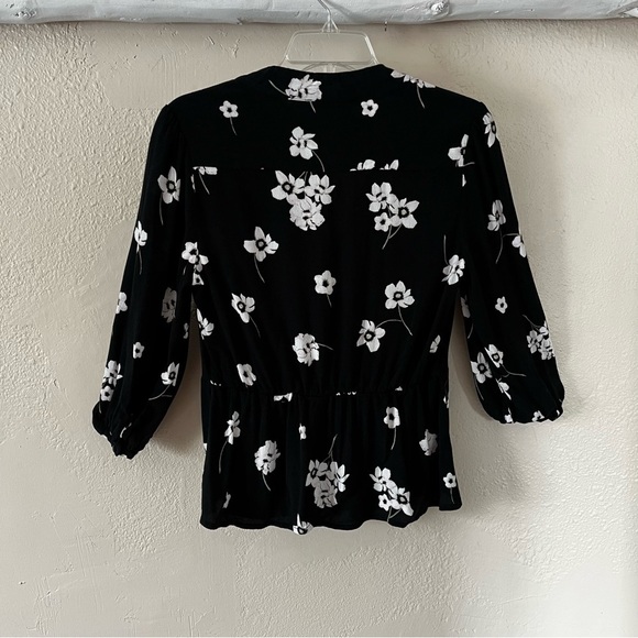 Elodie | Black Floral Cherry Blossom Peplum V-Neck Blouse, Medium - Picture 2 of 6